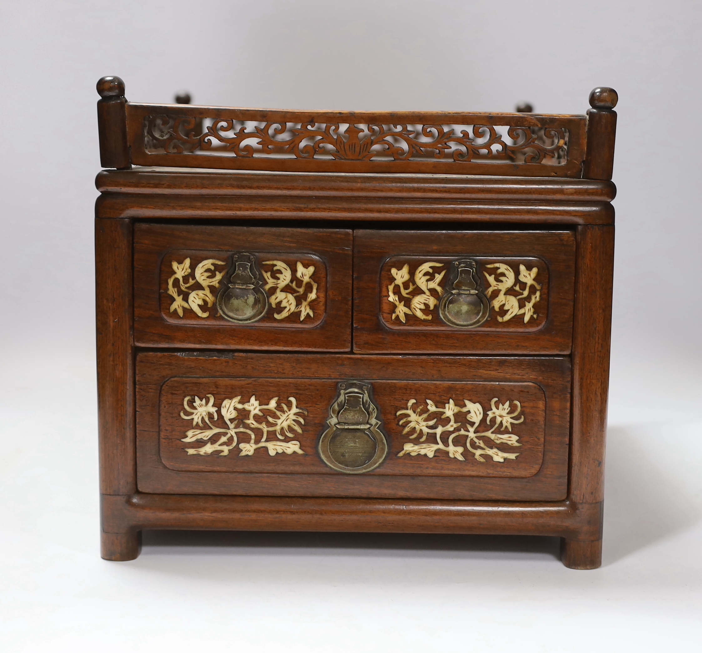 A calligrapher’s box with bone inlay and three fitted drawers, 34cm in length